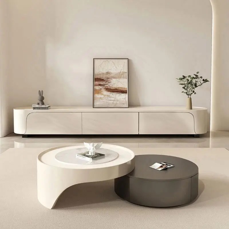 Modern Contracted Living Room Round Rock Plate Tea Table Cream Wind TV Cabinet Combination