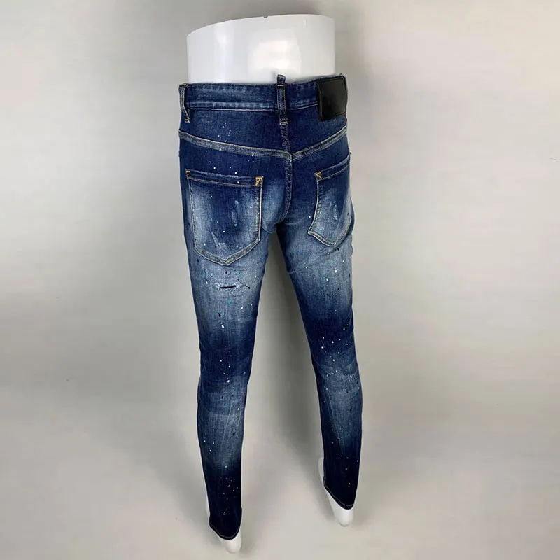 High Street Fashion Men Jeans Retro Blue Elastic Slim Fit Painted Ripped Jeans Men Vintage Designer Hip Hop Brand Pants Hombre