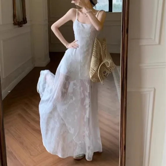 2025年新作夏スタイル フレンチフレッシュ＆スイート サスペンダードレス レディース 海辺のバカンスウェア ウエストミディ丈スカート