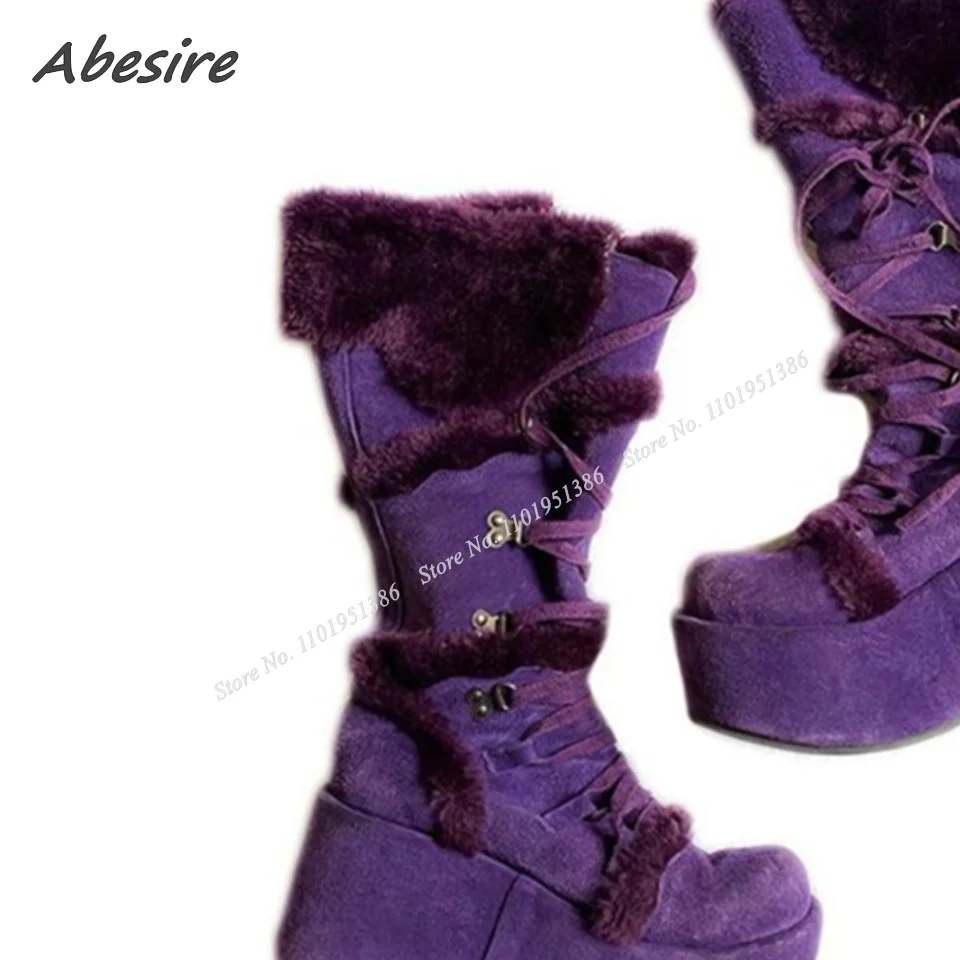 Abesire Purple Fur Decor Platform Boots Lace up Wedges Heel Round Toe Shoes for Women Chunky High Heel New Zapatillas Mujer