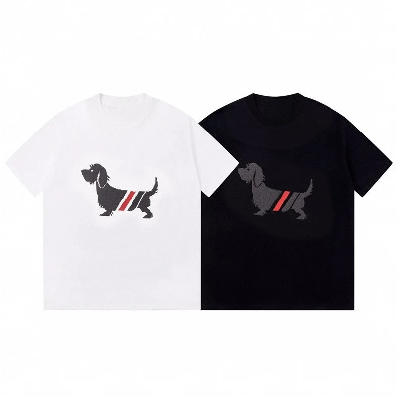 Мужская футболка в корейском стиле, унисекс, с принтом щенка, красные, черные полосы, повседневная уличная хлопковая футболка, городское минималистское искусство, серебряные украшения