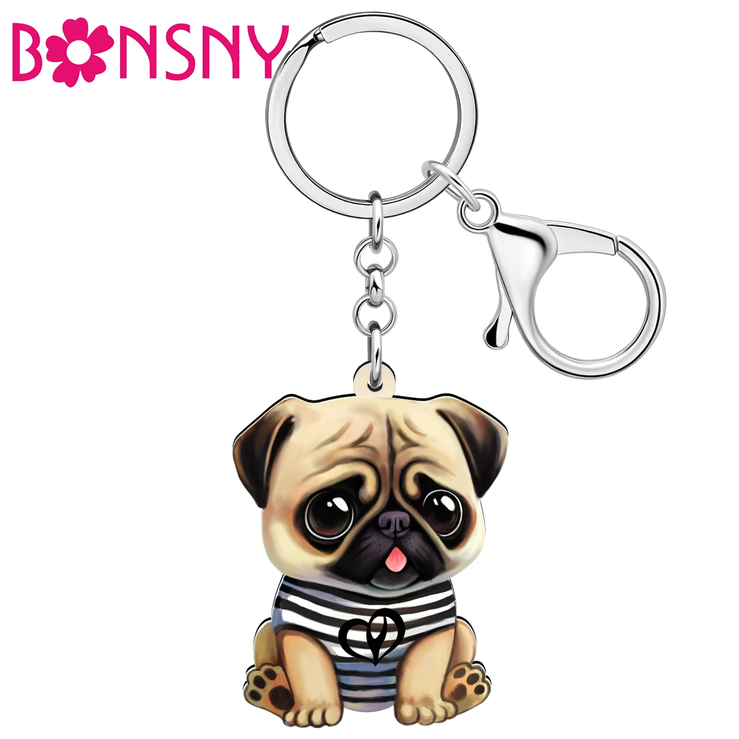 BONSNY Acrylic Cute Big Eyes Pug Dog Puppy Keychains Key Chain Doggy Pets Key Ring For Women Kid Purse Bag Gifts Accessories