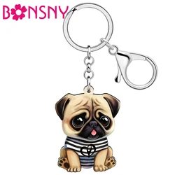 BONSNY Acrylic Cute Big Eyes Pug Dog Puppy Keychains Key Chain Doggy Pets Key Ring For Women Kid Purse Bag Gifts Accessories