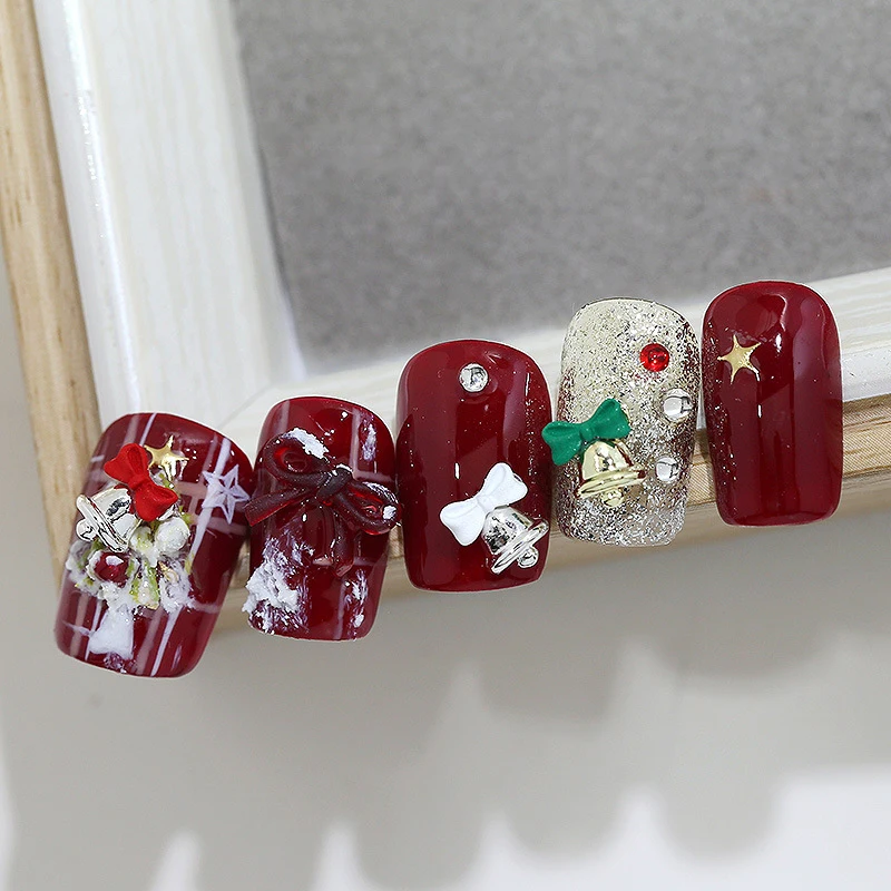 [TW] 5 قطع من إكسسوارات الأظافر المصنوعة من سبيكة عيد الميلاد، جرس القوس الملون الصغير، أحجار الراين ثلاثية الأبعاد، زينة ساحرة بظهر مسطح