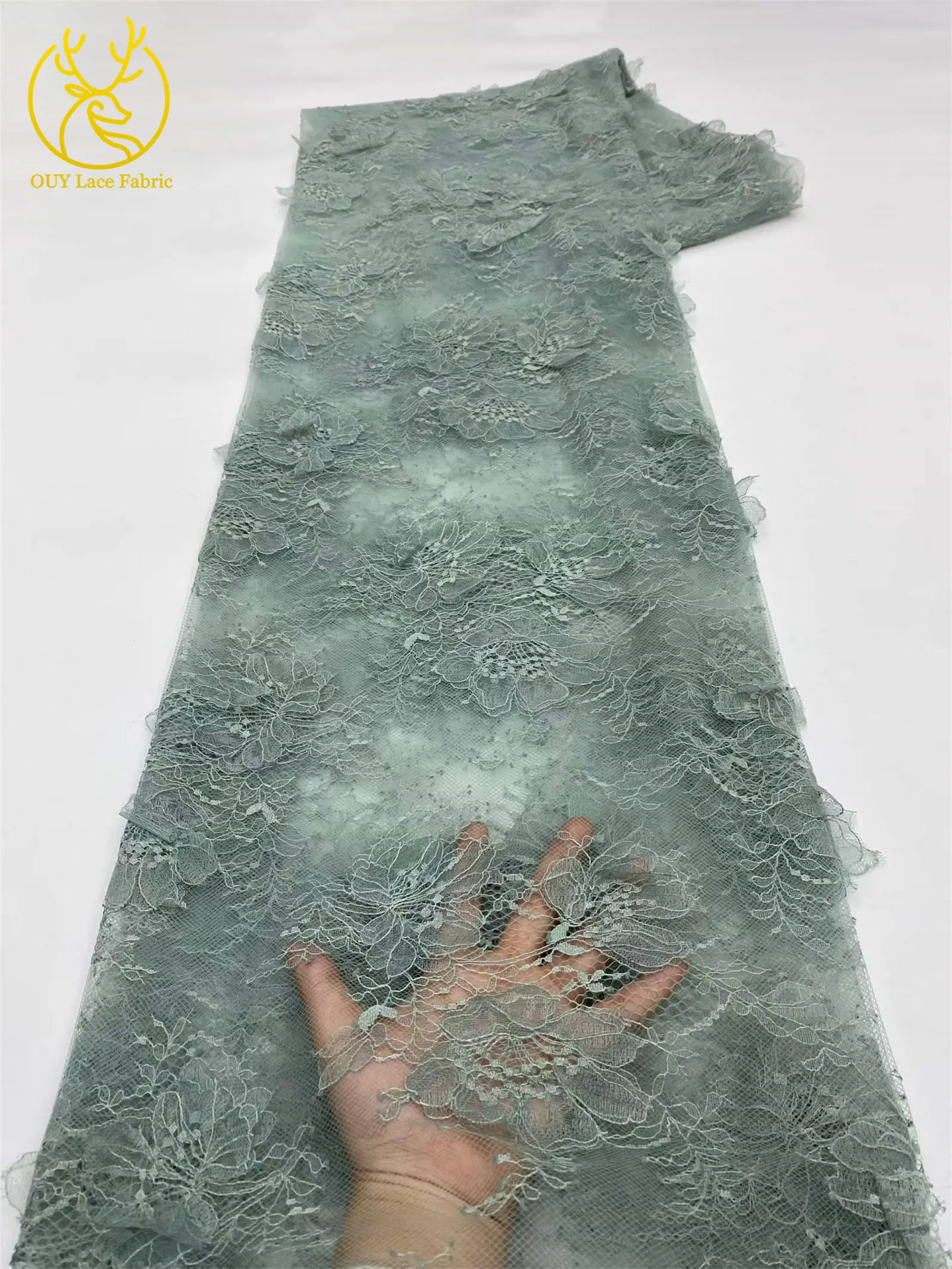 3D-Blumen-Stickerei-Tüll-Spitzenstoff, hochwertige französische Netzspitze mit Perlen, nigerianische Pailletten-Spitze für Hochzeitskleider zum Nähen – Detail 12