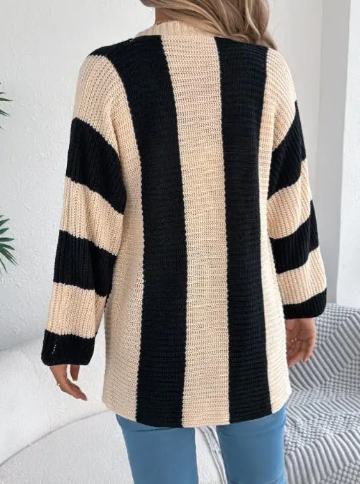 

Autumn 2025 Contrasting Striped Flared Sleeve Cardigan Sweater Women's Casual Loose Button Color Blocked Design Cardigan Jacket