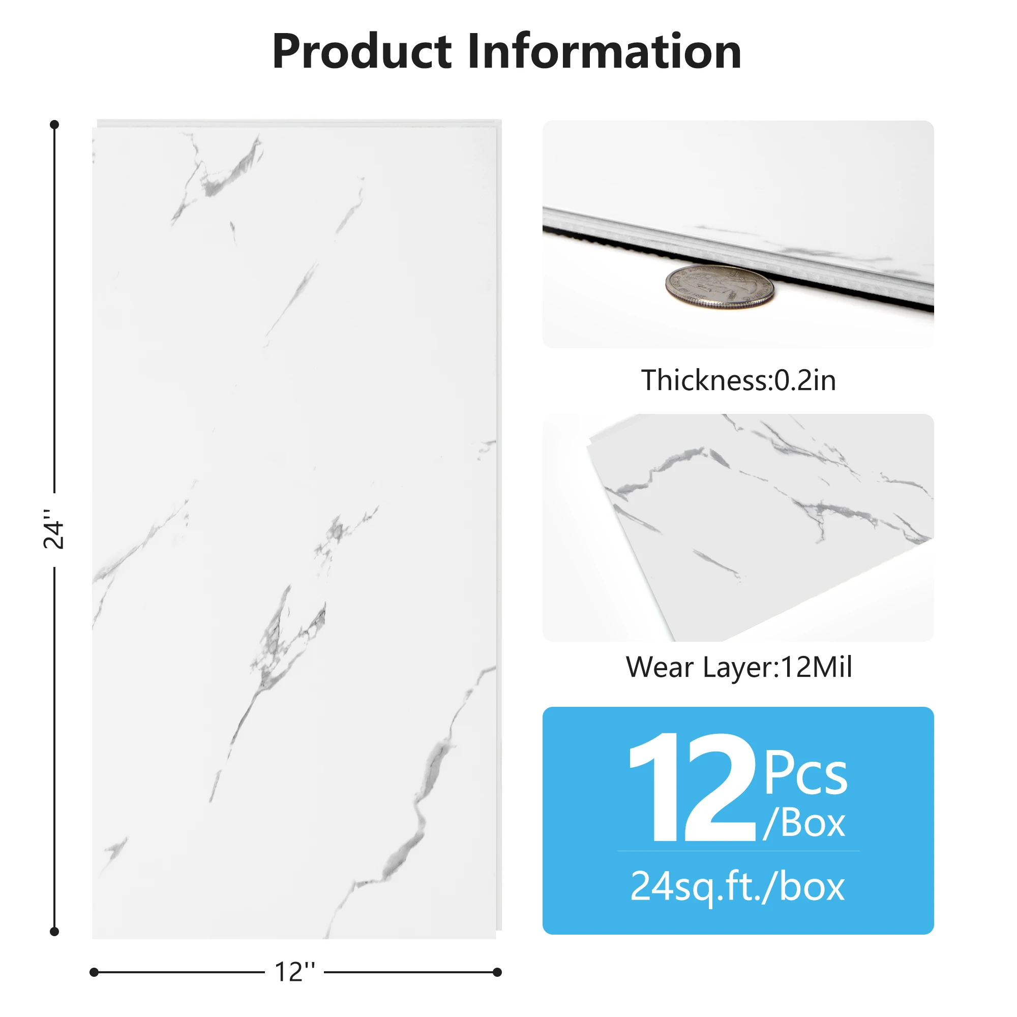 Art3d 12Pack 24''x12'' Click-lock Vinyl Plank Flooring marble grain texture Look,covers 24 Sq.ft