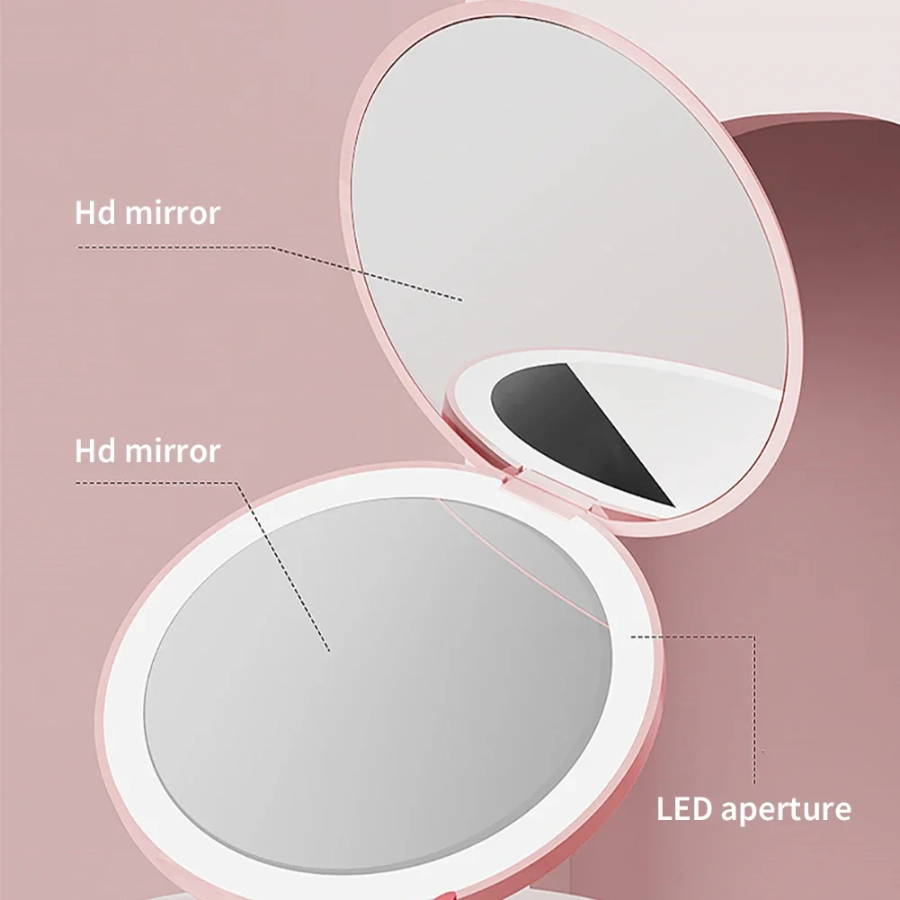 Mini LED Light Cosmetic 2 Side Folding Makeup Mirror Pocket Women Luminous Effect Reapplied Makeup Tools