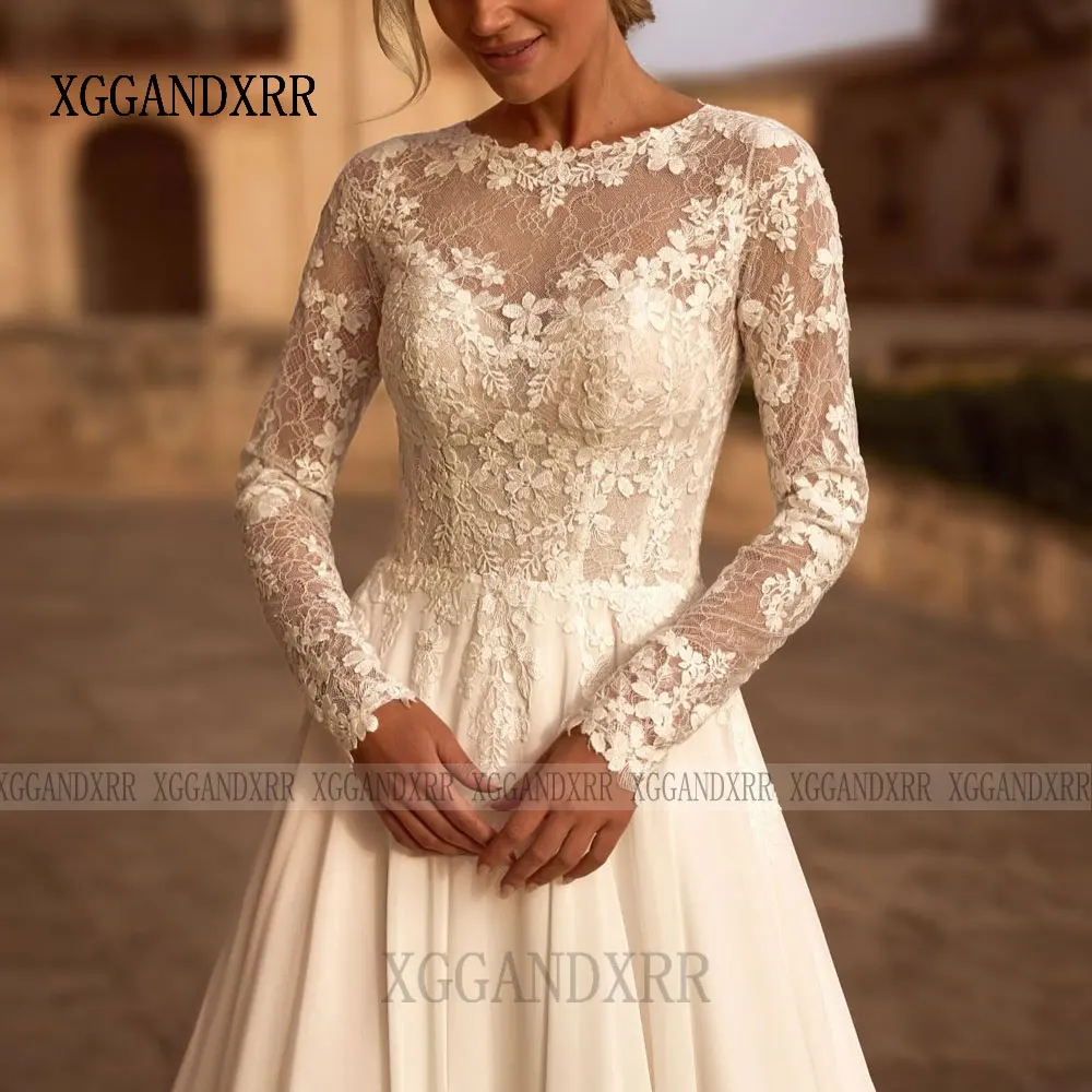 فستان زفاف شيفون بأكمام طويلة مخصص 2026 فستان زفاف برقبة دائرية مزين بالدانتيل سويب تراين امرأة العروس ملابس رسمية بيضاء