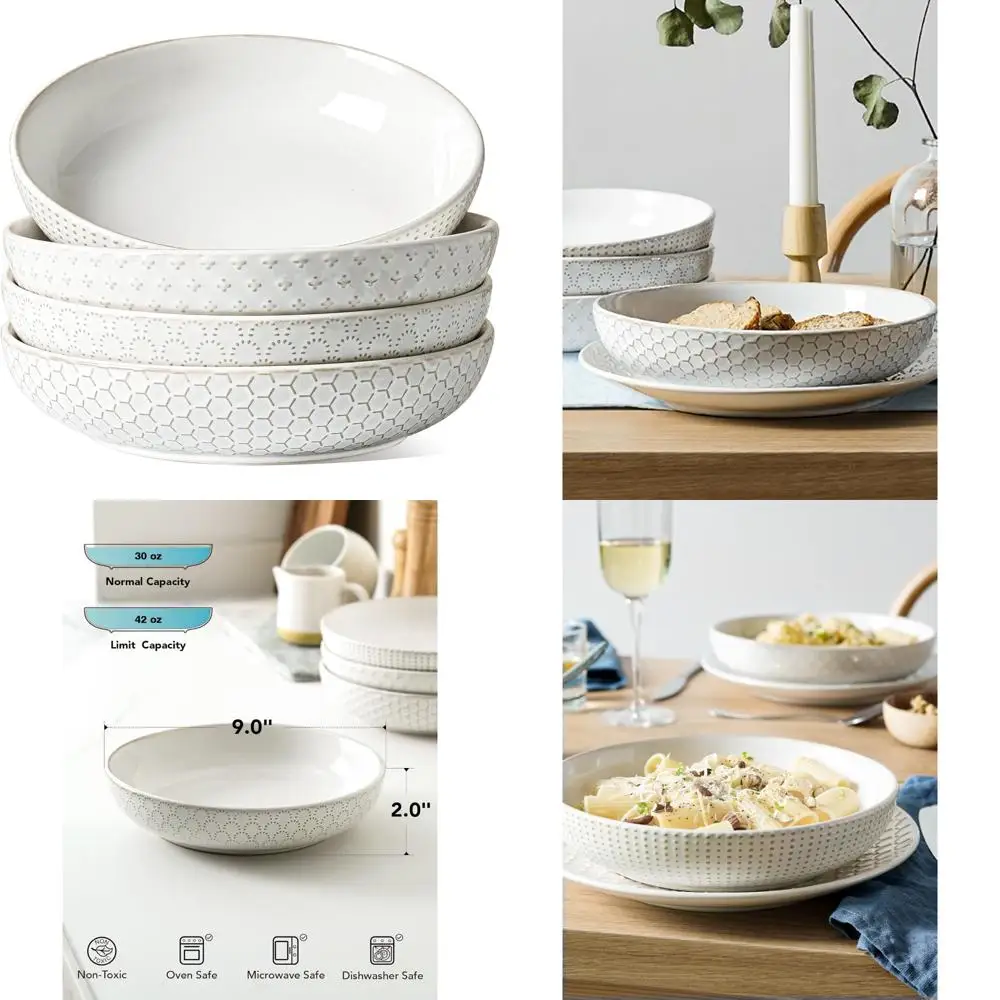 

Large 42oz Pasta Bowls, Stoneware Ceramic Salad Bowls, and Embossed Serving Plates for Fruits, Noodles, and Special Occasions