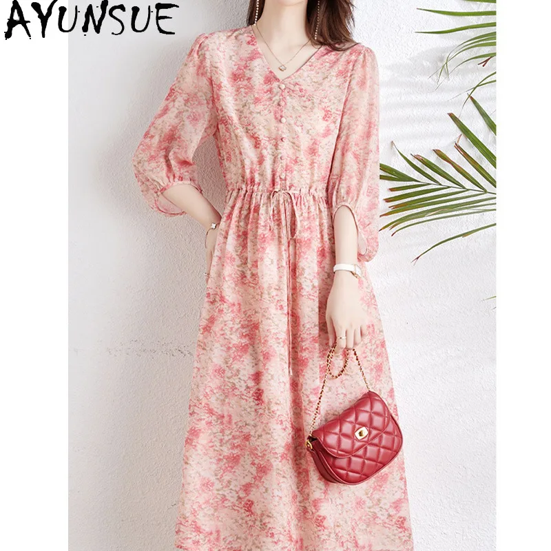 

AYUNSUE 100% Mulberry Silk Women's Dresses Floral Print Elegant Dress Woman Clothes V-neck Summer Dress Woman 2025 Robe Femme