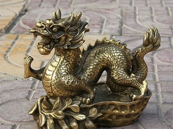 8inch Folk Chinese FengShui Copper Brass Evil Fly Dragon On Peanut Statue