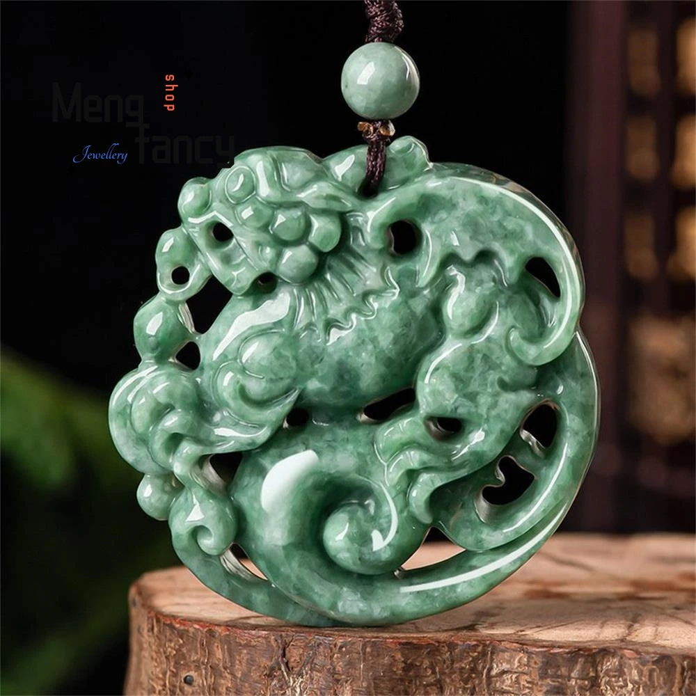 

Natural A-goods Jadeite Ruyi Domineering Unicorn Jade Pendant Atmosphere Men's Hollow Jade Pendant Necklace Women's Pendant