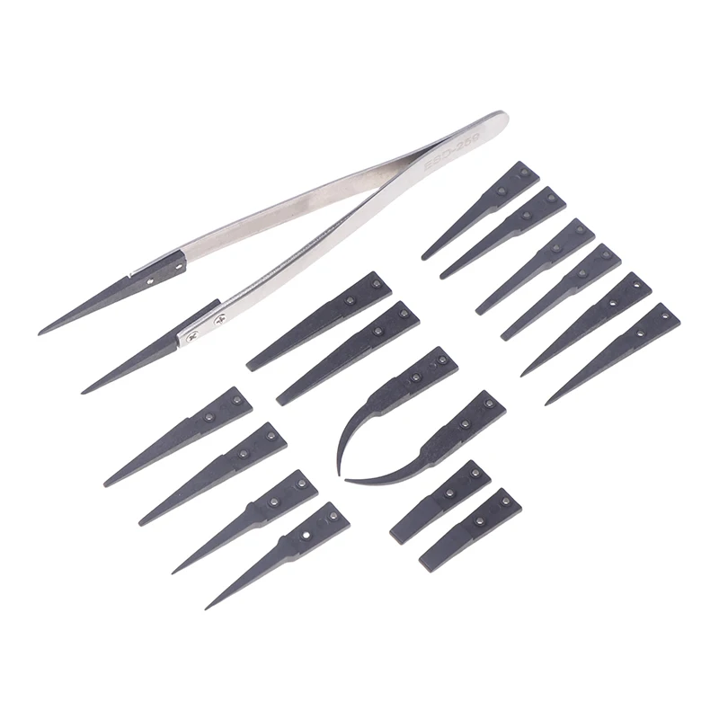 ESD 259 Portable Handle Stainless Tweezers With 8Pcs Exchengeable Antistatic Plastic Tips For Heat Resistant Repair Tool