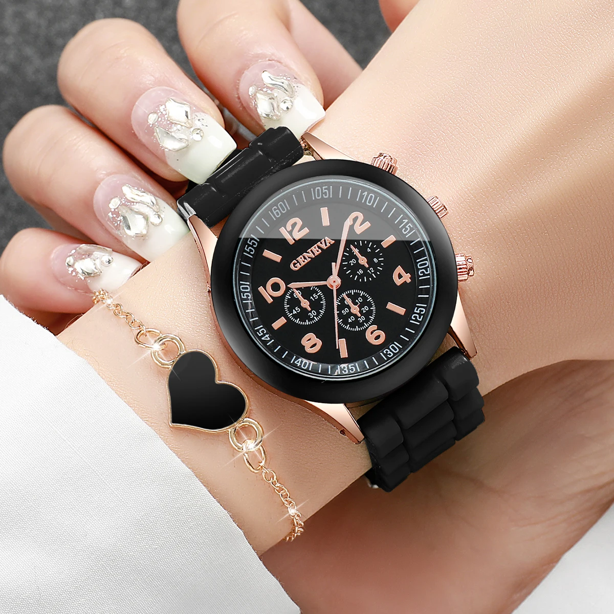 2PCS/Set Fashion Arabic Women Quartz Watch Casual Silicone Strap Wristwatches Heart Bracelet Set Relogio Feminino (Without Box)