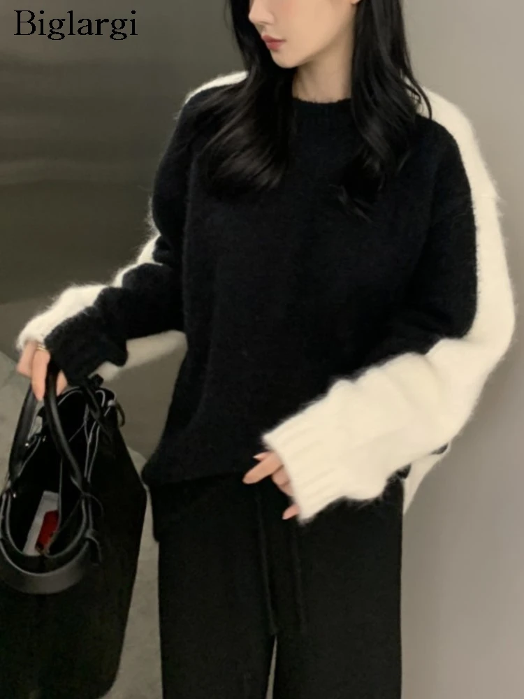 

Knitted Autumn Pullover Sweater Women Patchwork Fashion Furry Ladies Sweaters Casual Loose Korean Style Woman Sweater Tops