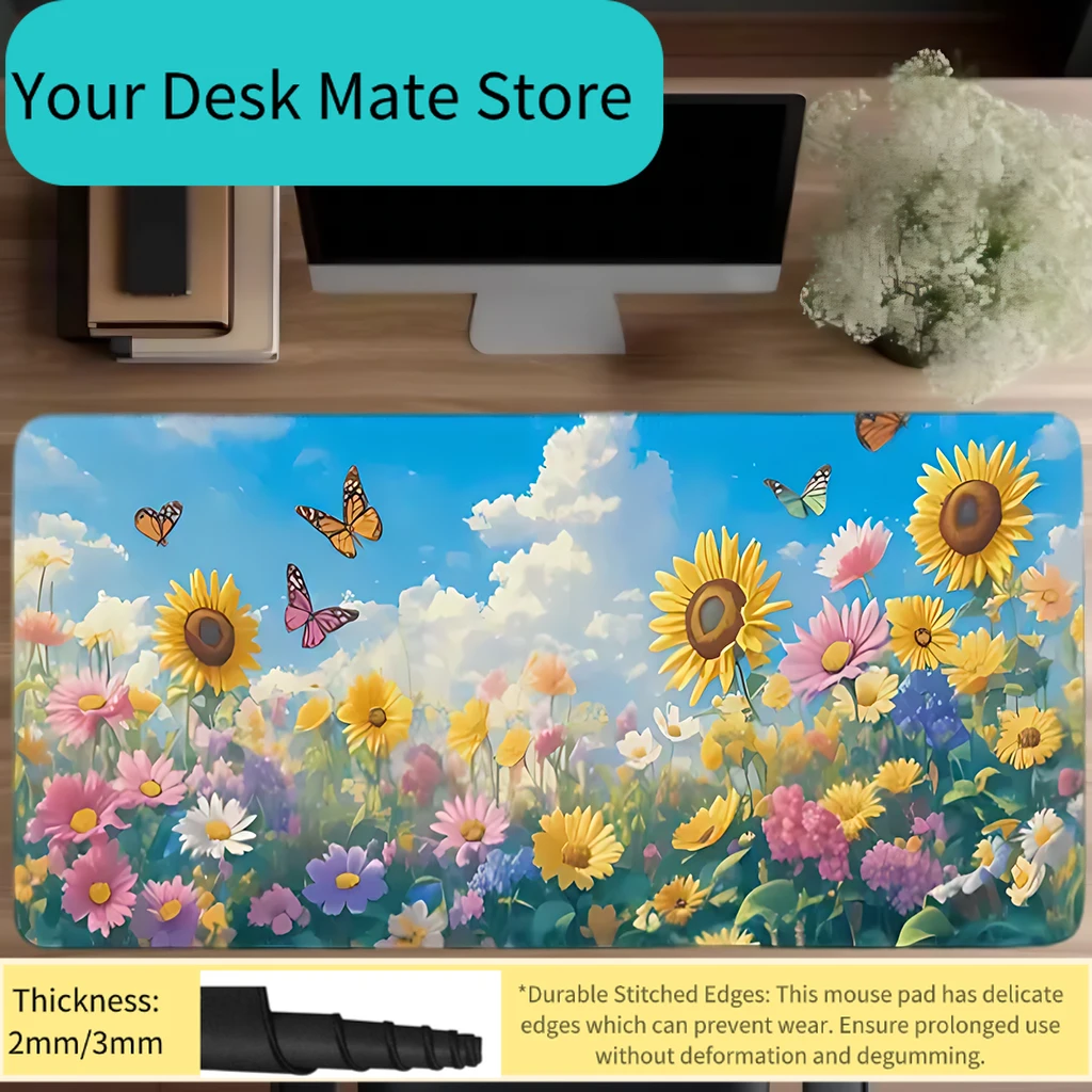 

Butterfly Blue Sky Mouse Pad - Oversized desk pad, anti-slip rubber base, office and game mouse pad, bright floral design, du