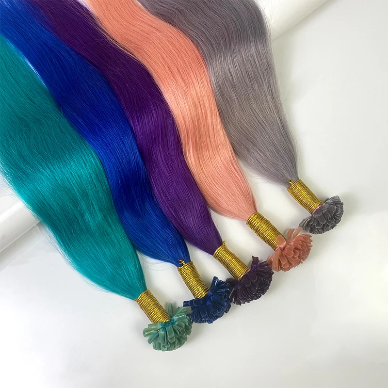 Extensões de cabelo humano para mulheres, fita adesiva no cabelo, reto natural, azul e rosa, salão de beleza, cabelo humano 100%