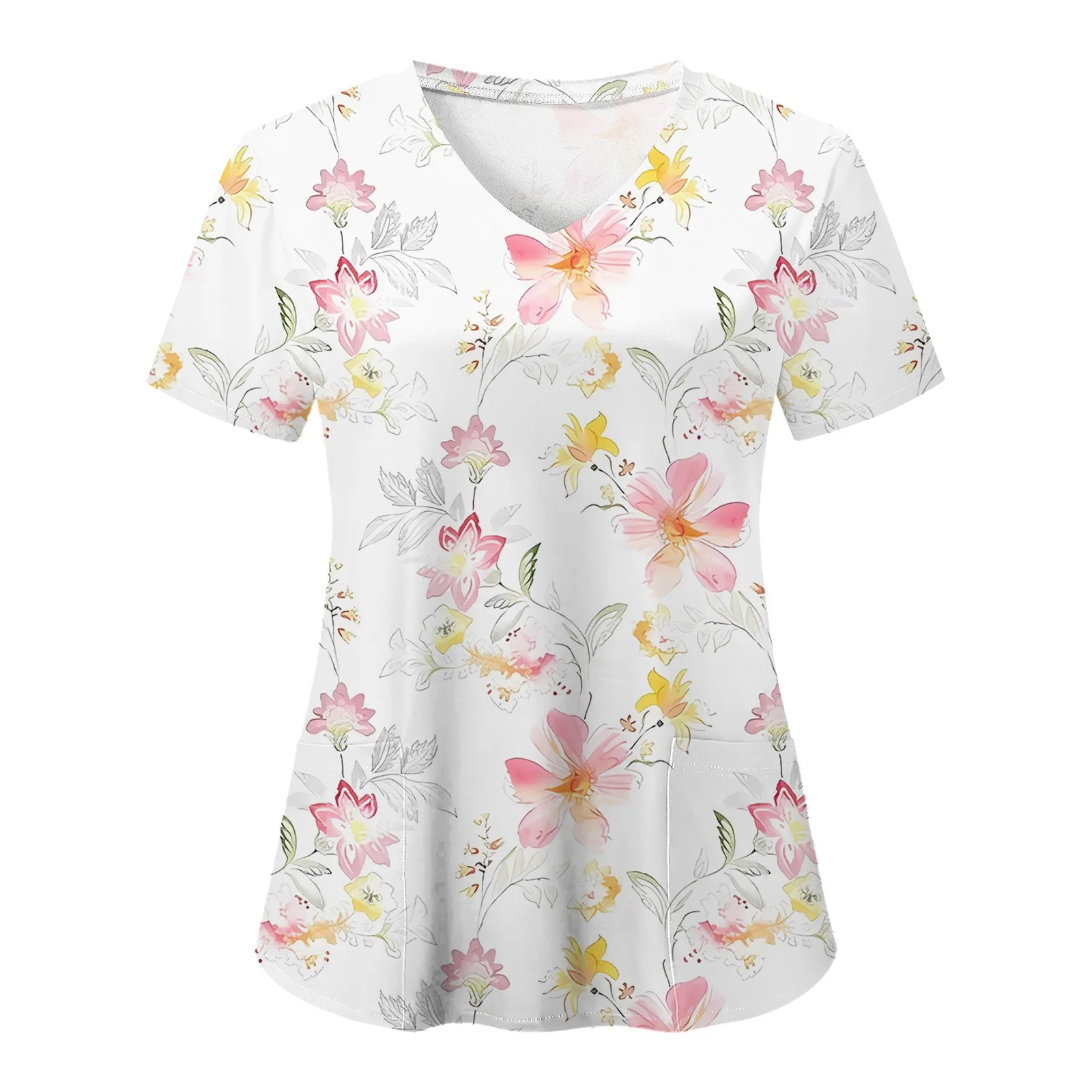 Wholesaler Clinical Uniform Fashion Floral Print Dental Medico Tops Dinosaur Motifs V-Neck Short Sleeve Vet Nurse Uniform Woman