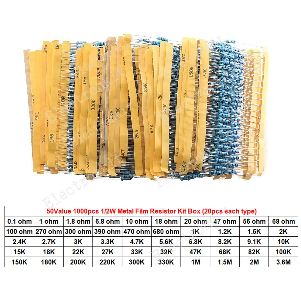 1/2W Metal Film Resistor Assorted Kit 1000Pcs 50Values 1% 0.1ohm ~ 3.6M 0.5W Resistor package