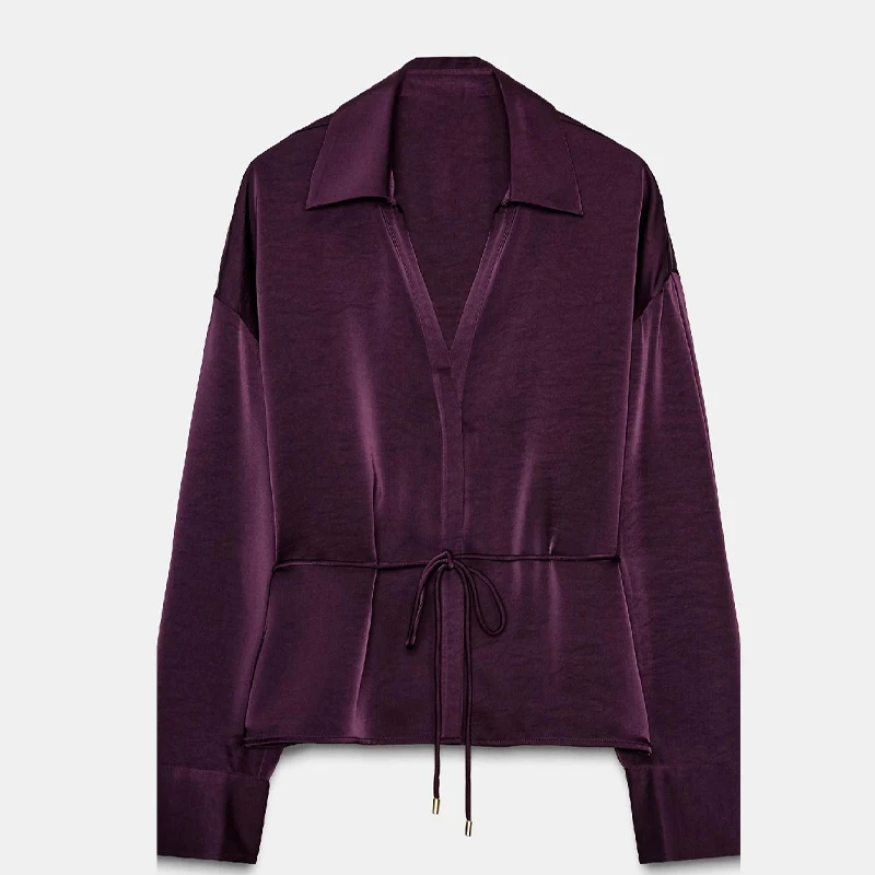 여성용 우아한 새틴 셔츠 라펠 레이스업 슬림핏 탑 솔리드 빈티지 블라우스 출퇴근 오피스 탑 2025 신상 여성 패션 코트