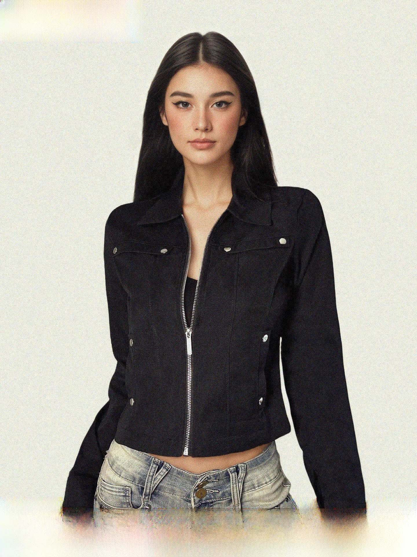 

Женская модная простая блузка в американском ретро-стиле с воротником-стойкой, застежкой-молнией и поясом на талии, длинный рукав