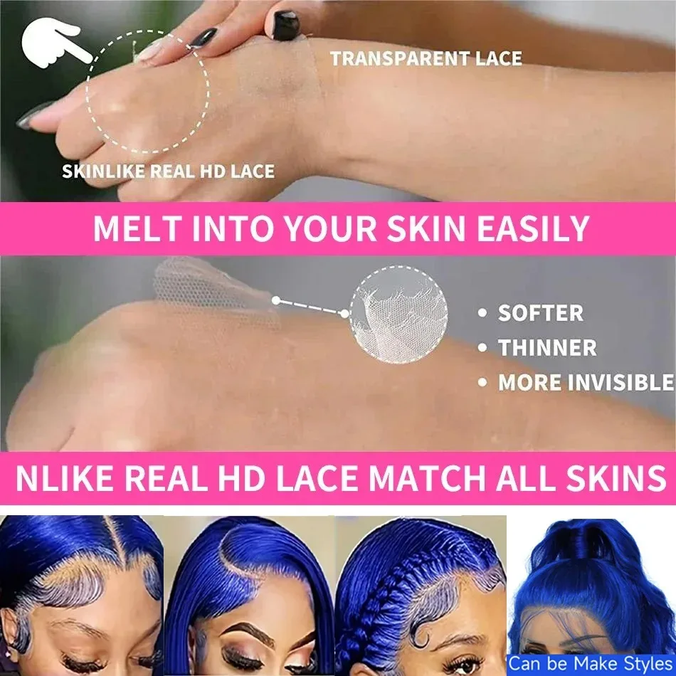 Peluca Bob corto, peluca azul, pelucas frontales de encaje transparente HD, pelucas rectas Bob, pelucas frontales de encaje 13x4 prearrancadas sintéticas para mujeres