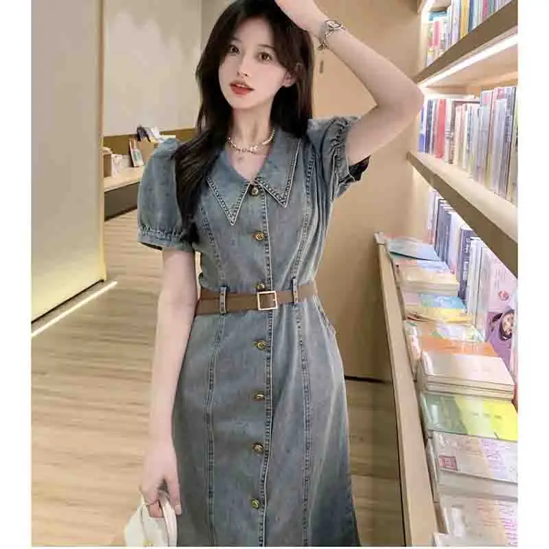 2024 Hong Kong Flavor Female Denim Dress New High Waist  A-line Jeans Dress Women Design Sense Summer Short Sleeved Cowboy Dress