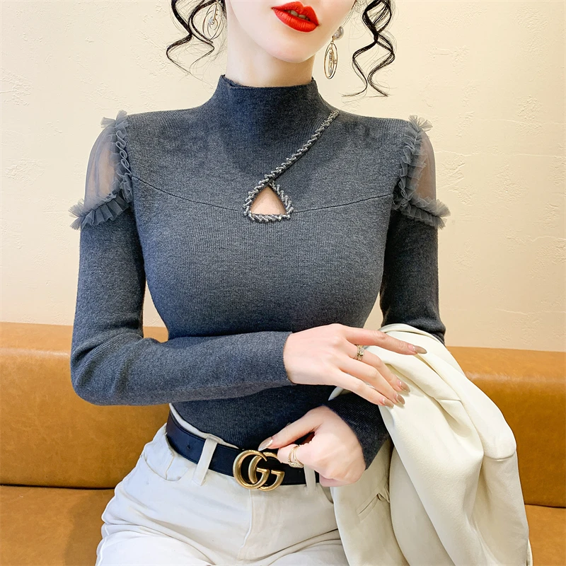 

2025, новинка, европейская, одежда, вязаный, свитер, женский, сексуальный, с вырезом, макет шеи, лоскутное шитье, сетка, блестящие, бусины, длинный рукав, горячие, топы, 51050