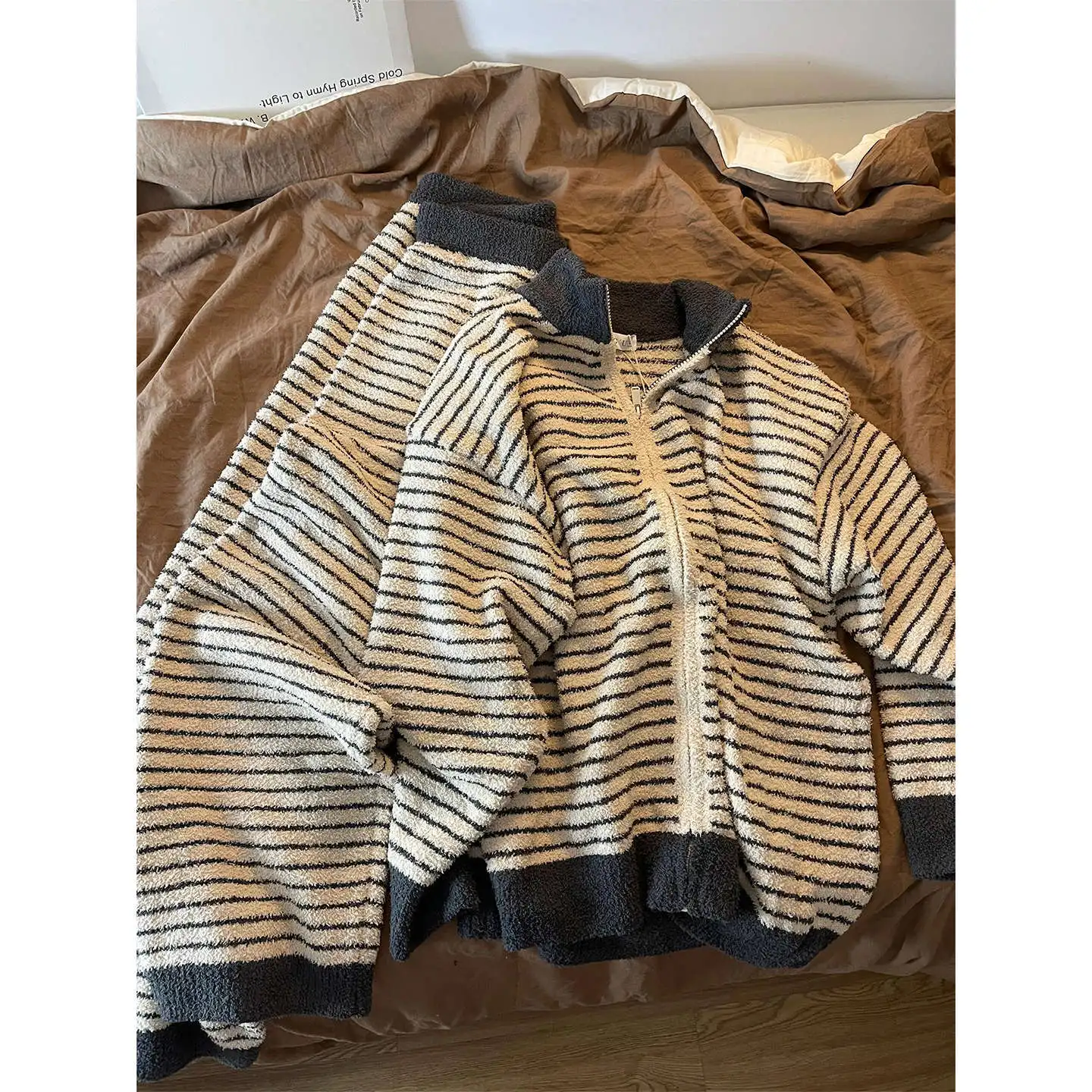 Chic Striped Zip Pajamas Set Women 2026 Winter Thick Warm Fleece Sleepwear Soft Plush Lounge Wear Cozy Home Clothes Outerwear