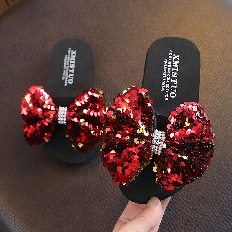 Fashion Sequin Bow Girl Slippers Princess Shoes Children Beach Slipper Girl Sandals Flats Non-slip Soft Kids Slippers