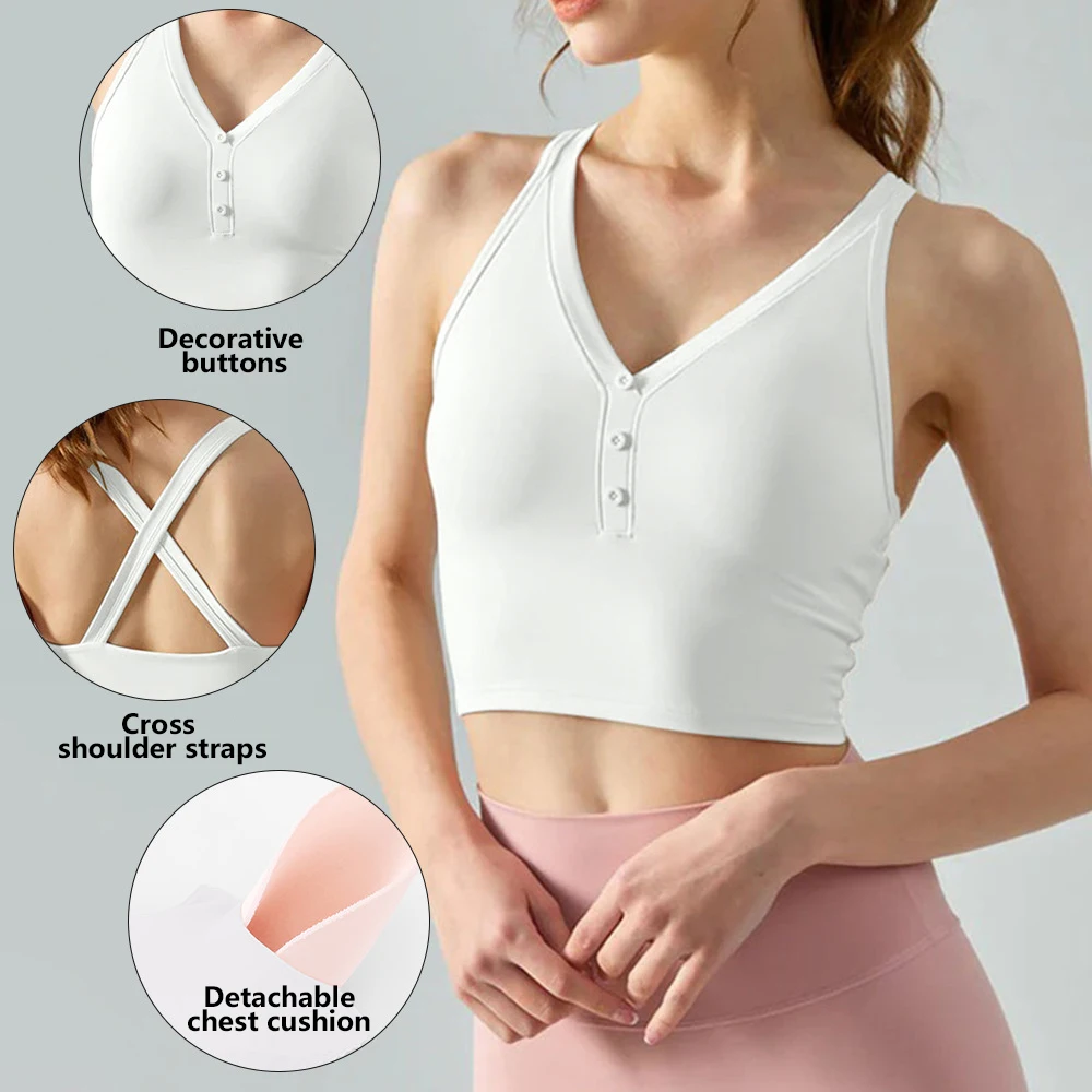 Sexy V-neck sports bra for women, high-intensity shock-absorbing running training integrated fitness bra, button yoga vest