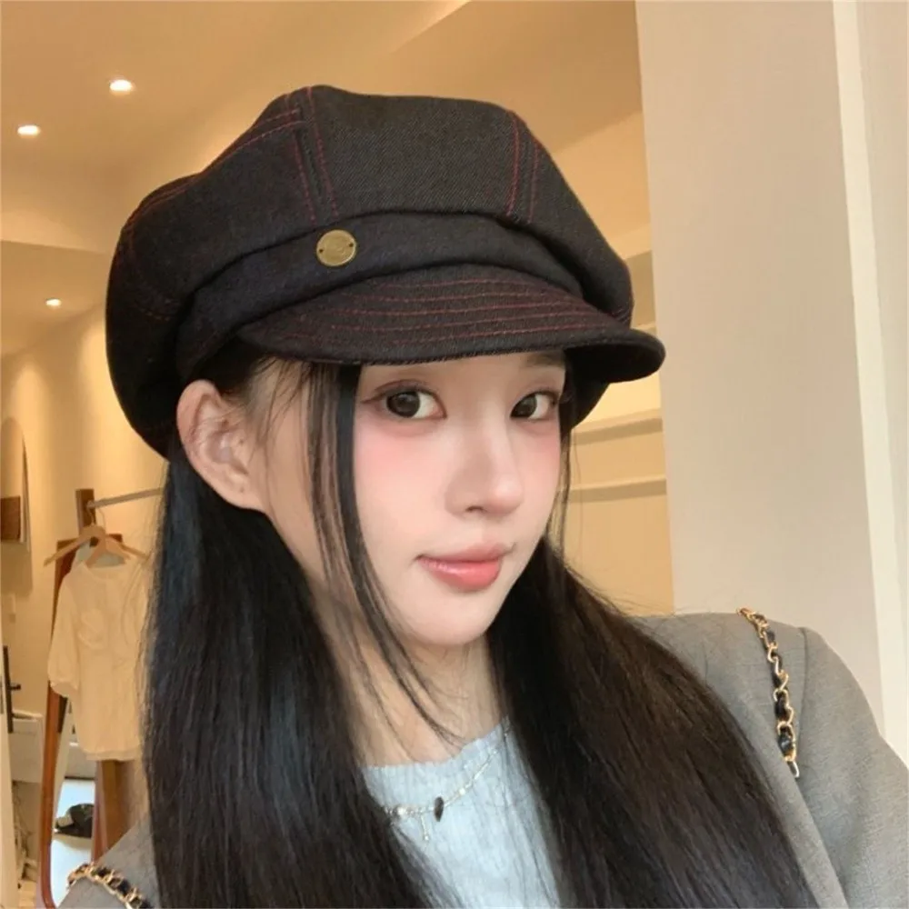 

Vintage Korean Denim Beret Spring Autumn Newsboy Octagonal Hats Versatile Casual Painter Hat Streetwear