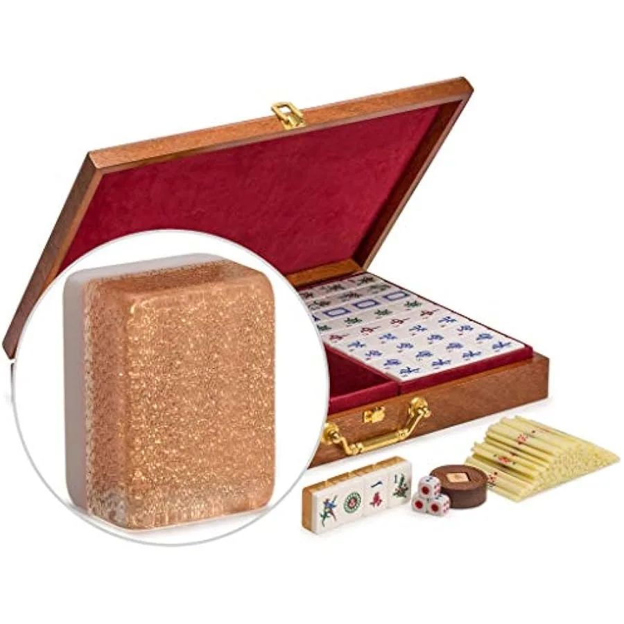 Yellow Mountain Imports Classic Chinese Mahjong Game Set Champagne Gold - with 148 Medium Size Tiles and a Wooden Case - for Ch