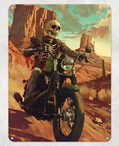 Skeleton Desert Biker Metal Poster Wall Tin Sign Man Cave Shed Home Plaque --Tin Sign