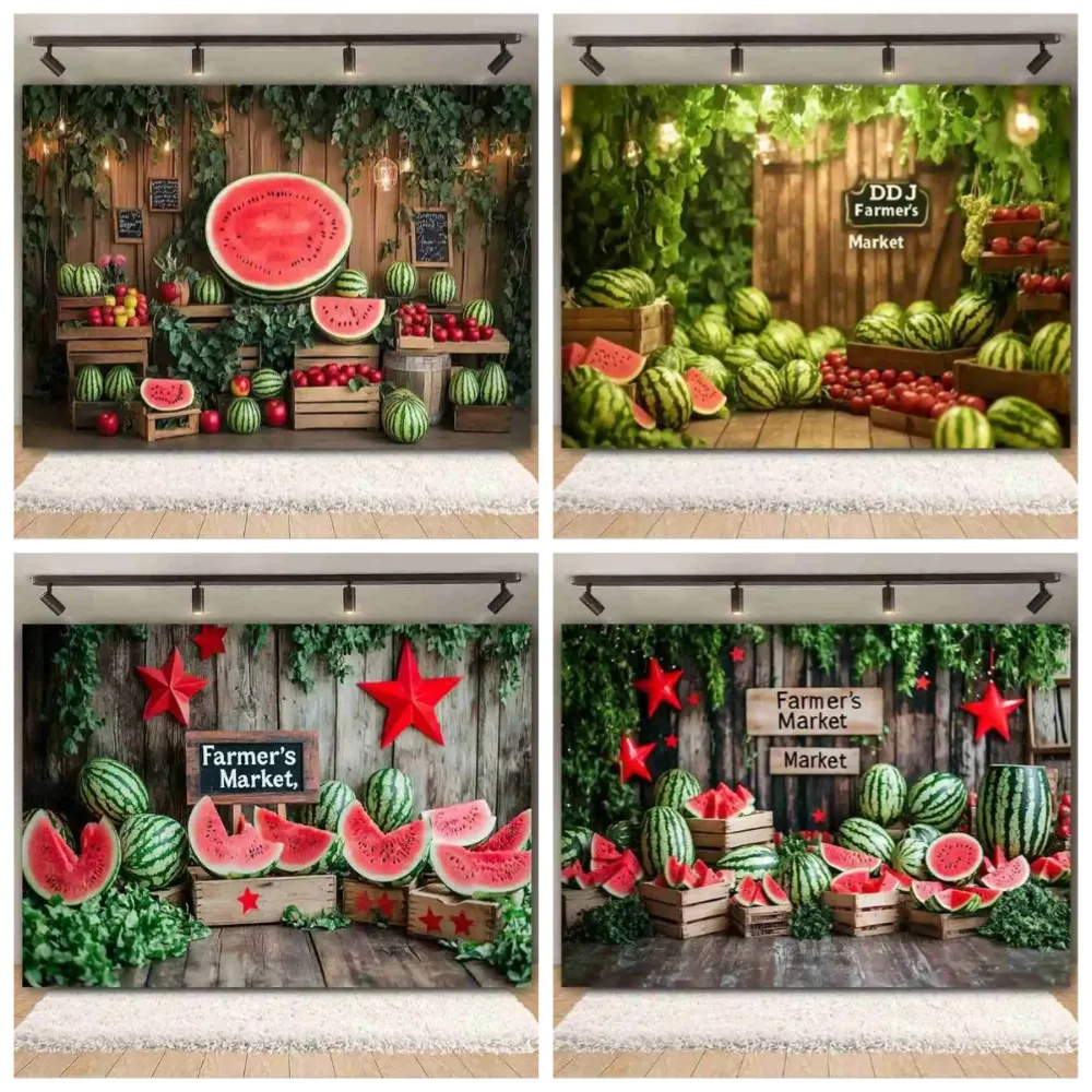 

Summer Watermelon Farmer’s Market Photography Background Wood Floor Green Leaves Baby Birthday Cake Smash Party Decor Backdrop
