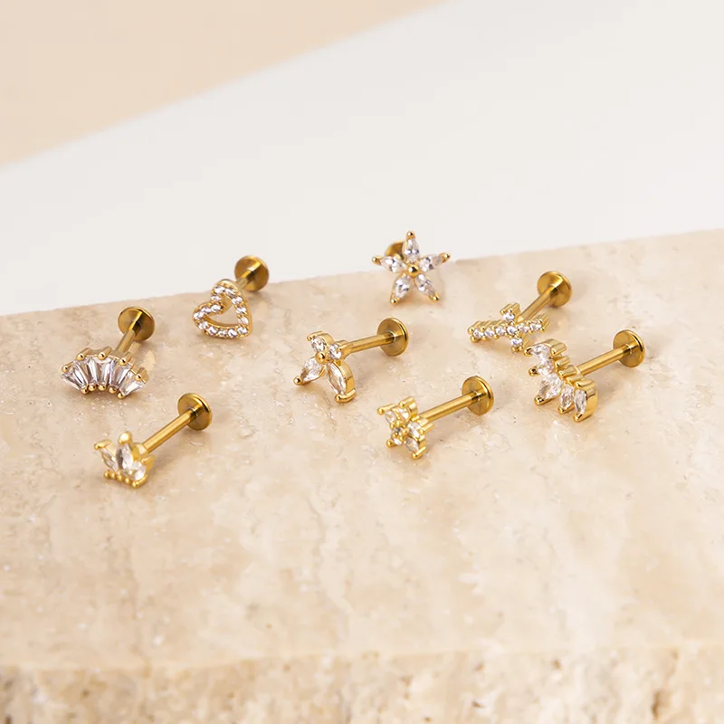 1PC Push In Internally Thread Labret Piercing Ear Ring G23 Titanium Stud Crystal Gem Flat Back Tragus Helix image 3