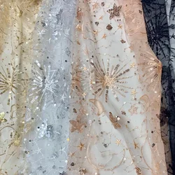 130cm wide Black/Apricot /Pink /Silver Sequins Embroidery Lace Fabric Star Moon Beads Embroid Fabric Sequin Dress Material X880