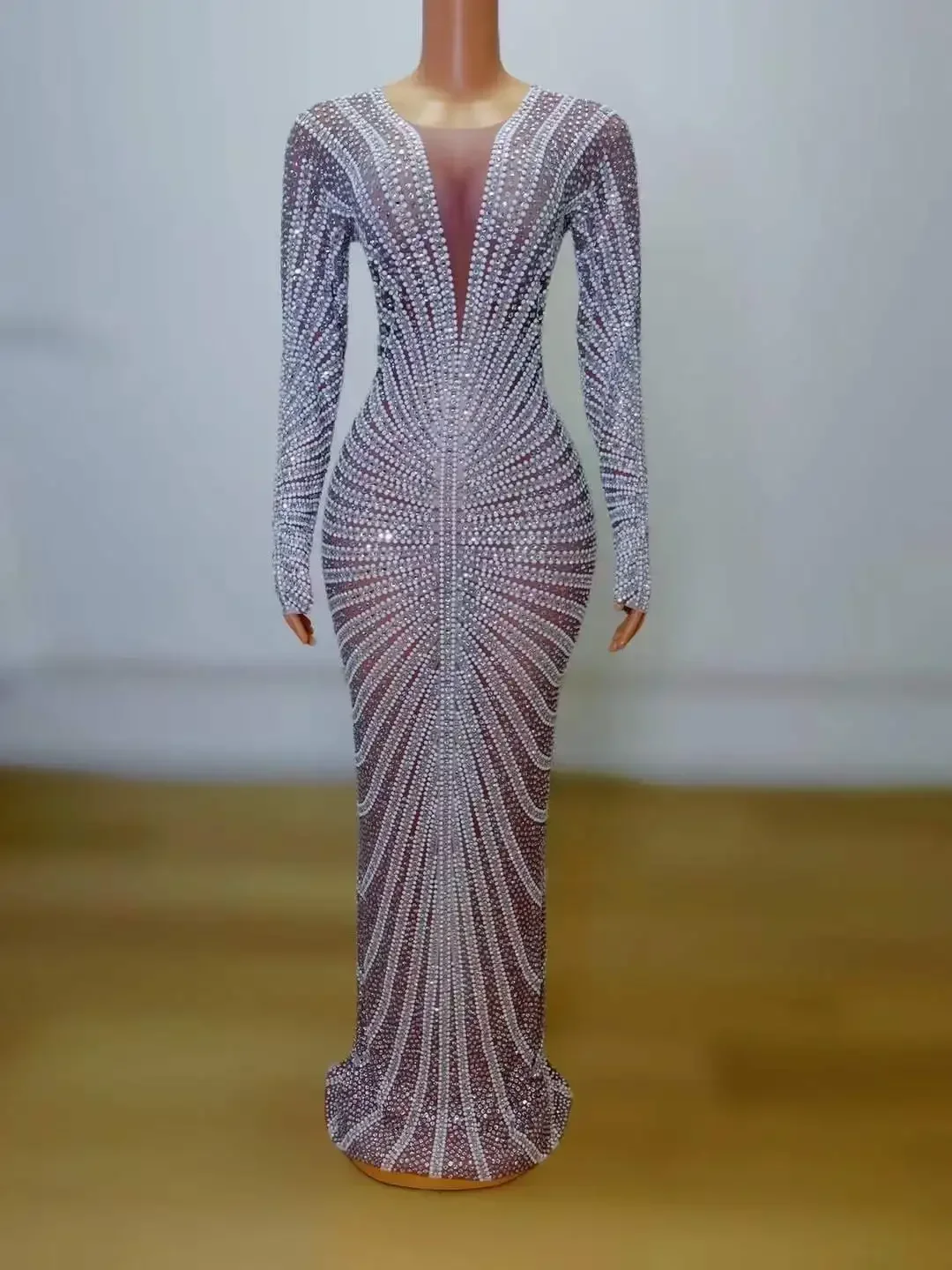 

Long Sleeve Maxi Dress Women Rhinestone Sparkly Stage Wear Drag Queen Outfit Costumes Celebrate Nightclub Stretch Show Dresses