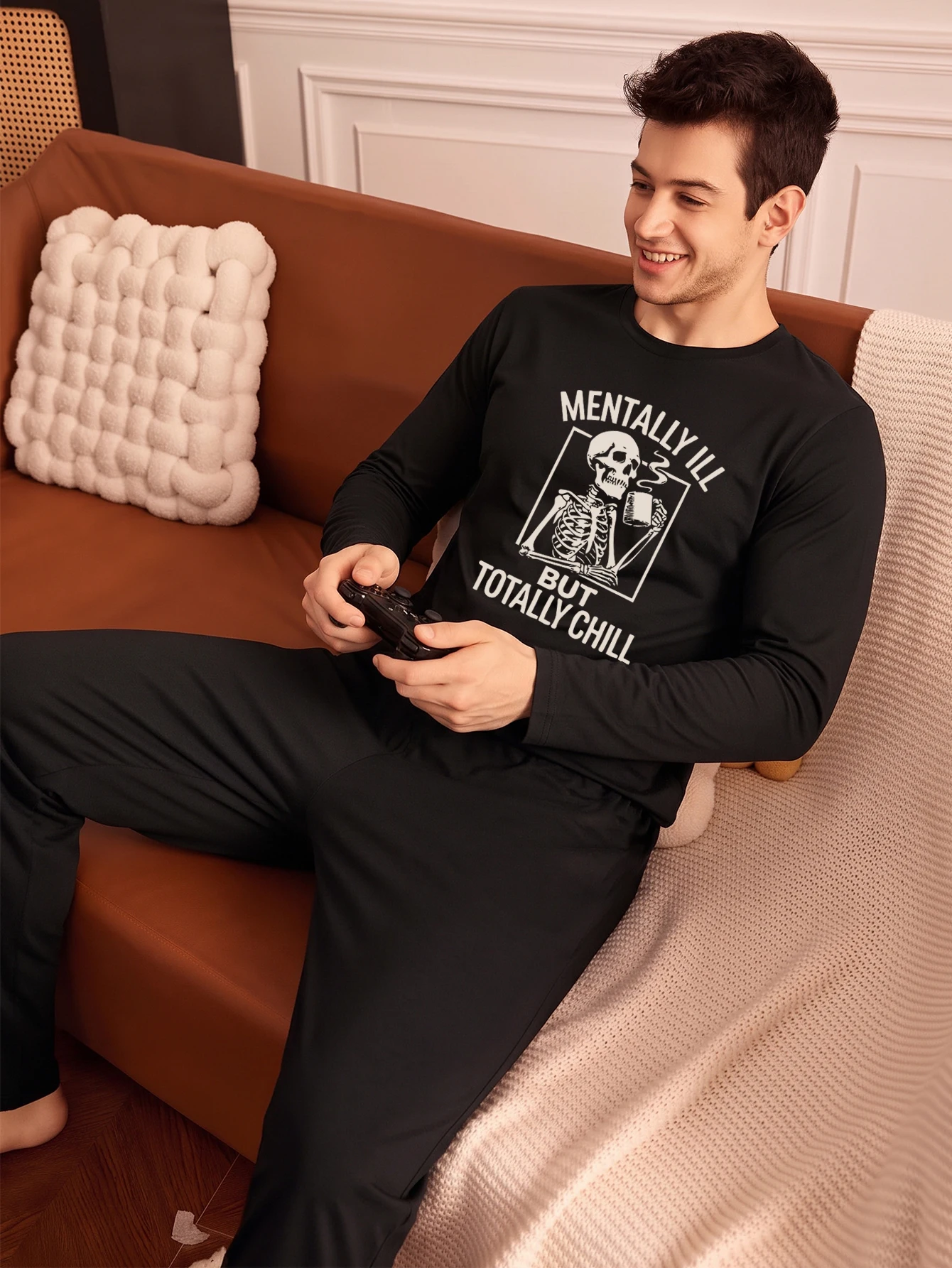 Spring and Autumn Men's Two-piece Set with Long-sleeved Shirt and Pants Fashionable Letter and Geometric Pattern Home Wear Set