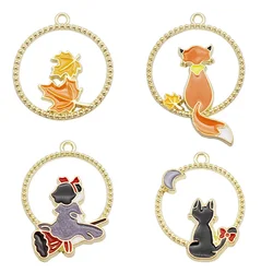 8PCS Enamel Hollow Round Charms Mixed Magic Girl Cat Maple Leaf Fox Necklace Earrings Bracelet Jewelry Accessory