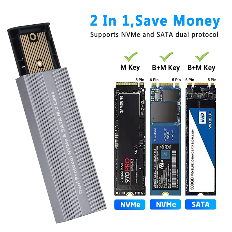 M.2 NVME casing SATA SSD, sampul dua protokol JMS581D Chip 10Gbps USB 3.2 GEN2 Tipe C kotak M2 SSD eksternal M / B + M alat kunci Gratis