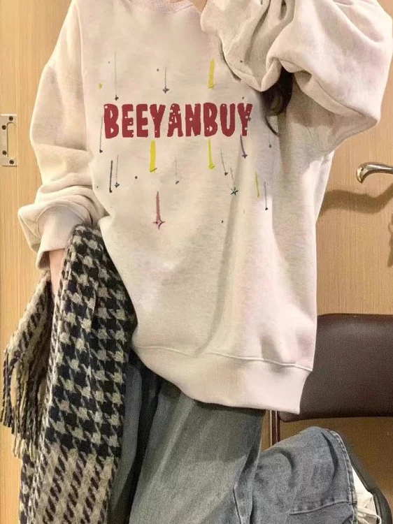 Sweat-shirt en coton de haute qualité pour femme, vêtement de sport amusant, doux, en peluche, vintage, blocage des broderies, col rond rayé, Y2K