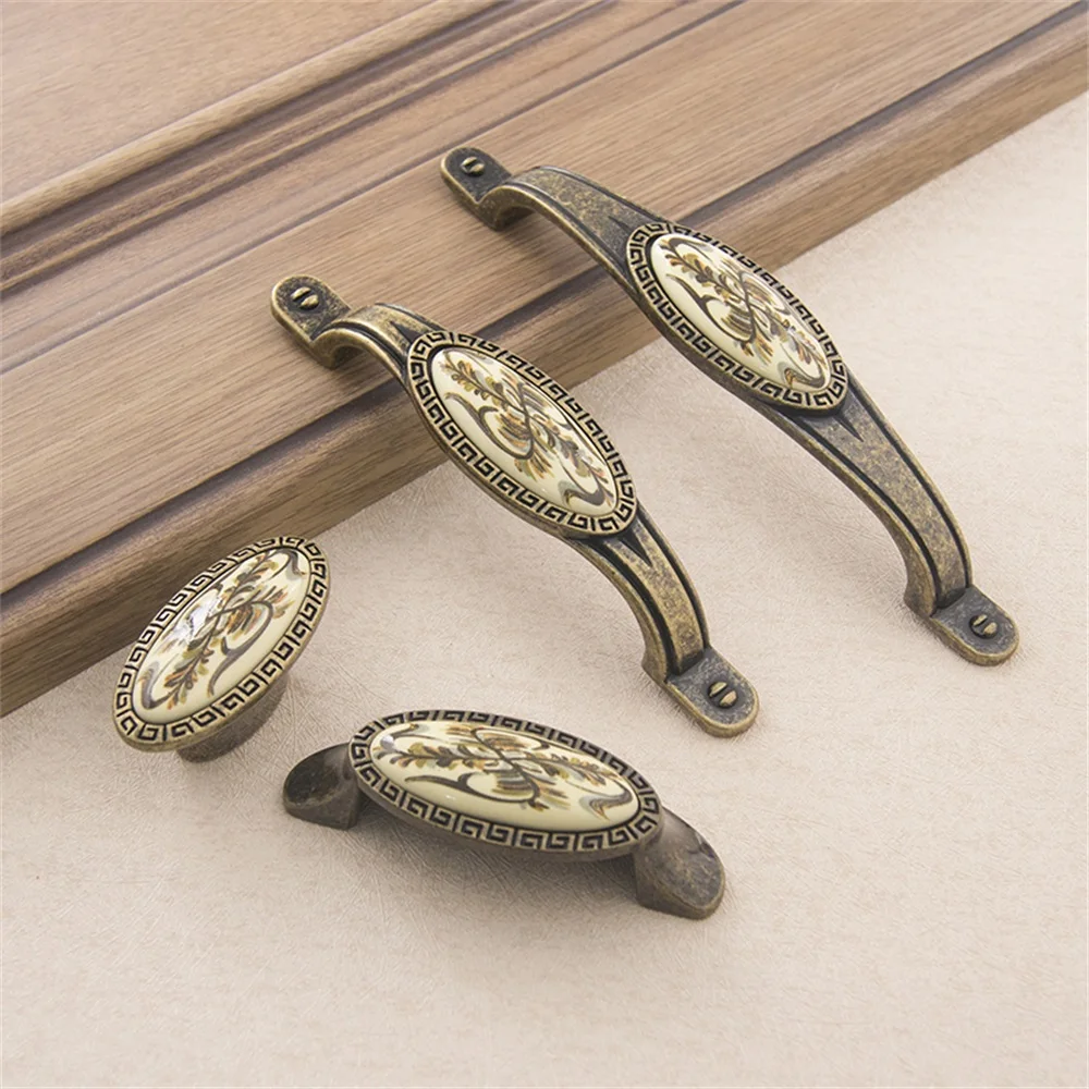 1pc Vintage Handle w/screw Ceramic Grip Metal Trim Pull 16/64/96/128mm Hole Single Knob Retro Flower Painting Pattern Home Decor