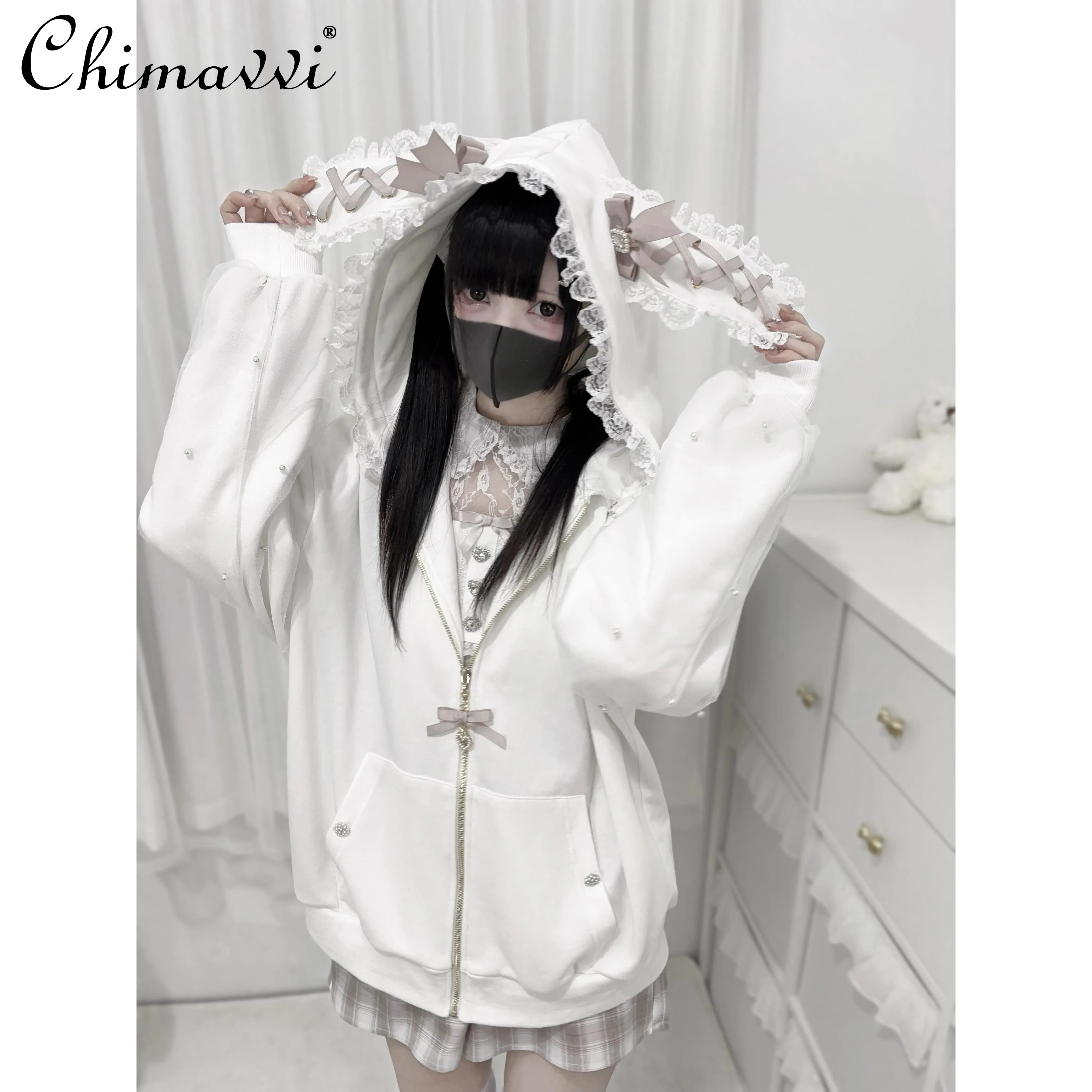 

Japanese Sweet Cute Strap Rabbit Ear Hooded Coat Spring New Mass-produced Mine Bow Pearl Decorative Long-sleeved Sweatshirt