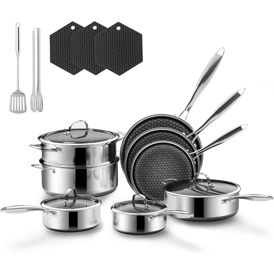 

17Piece 5 Ply Stainless Steel Cookware Set with Lids for Induction Cooking OvenSafe Up to 600F Dishwasher Safe NonStick and Non