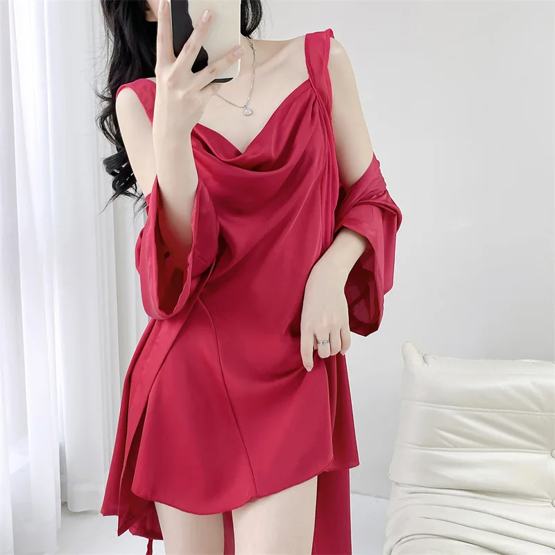 

Sexy Bride Wedding Robe Nightgown Set Spring Summer Satin Female Sleepwear Bathrobe Gown Loose Home Dressing Gown Lounge Wear