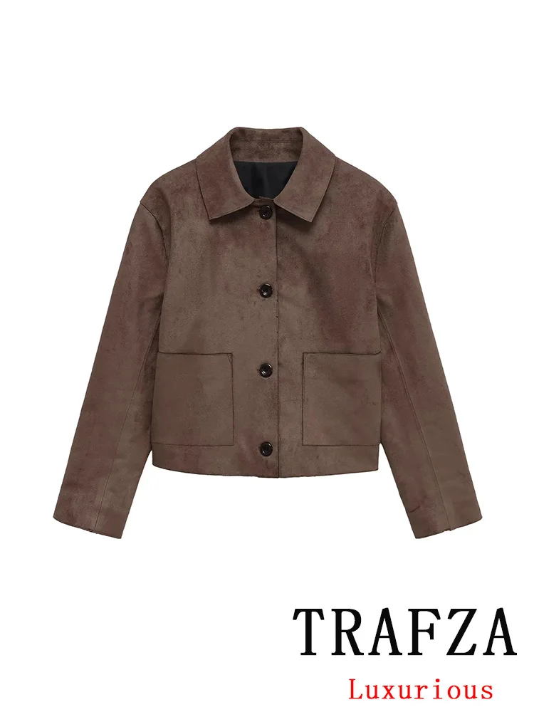 

TRAFZA Vintage Solid Women Jackets Turn-down Collar Single Breasted Pockets Long Sleeve Coats New Fashion 2025 Autumn Outwear