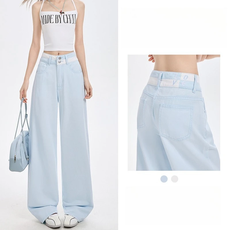 فضفاض عادية واسعة الساق الدنيم السراويل الصيف جديد رقيقة 100% القطن المرأة عالية الخصر Y2K التباين خياطة كل مباراة فضفاض الجينز