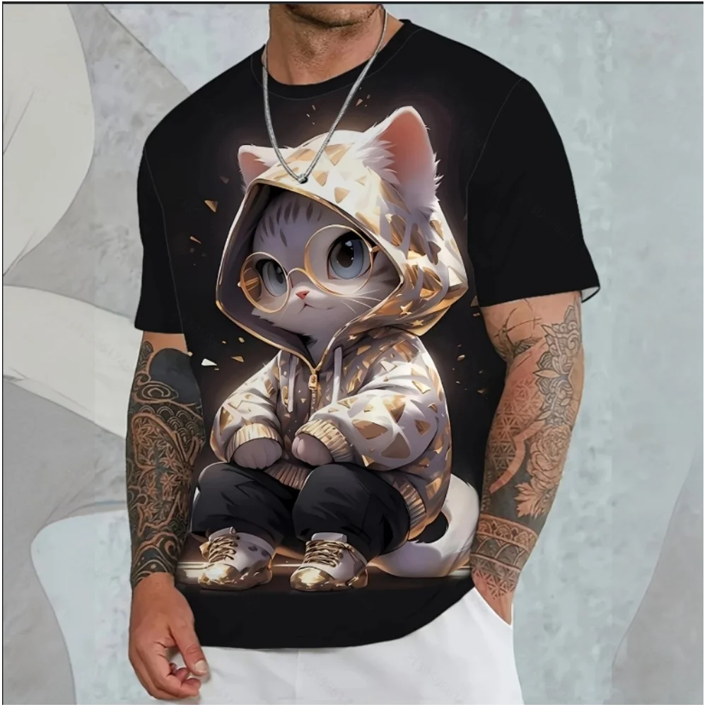 Men\'s T-Shirt Animation Style Cat With Hoodie Glasses Pattern 3D Printing Tees Short Sleeve T-shirts Oversized Men Clothing Tops